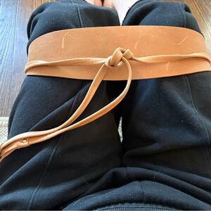 Brown Leather Obi Belt with Tie